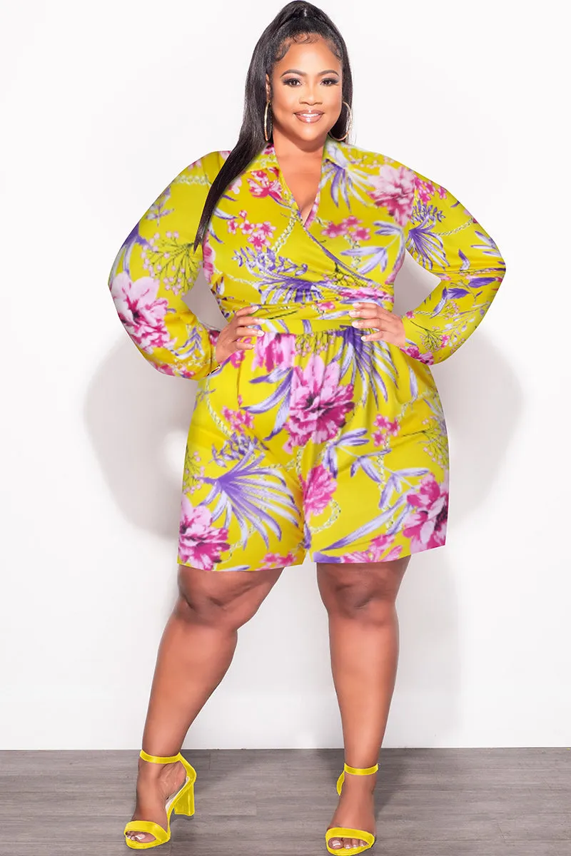 Final Sale Plus Size 2pc Crop Top & Bermuda Short Set in Yellow Floral Print CompressionFitFabric