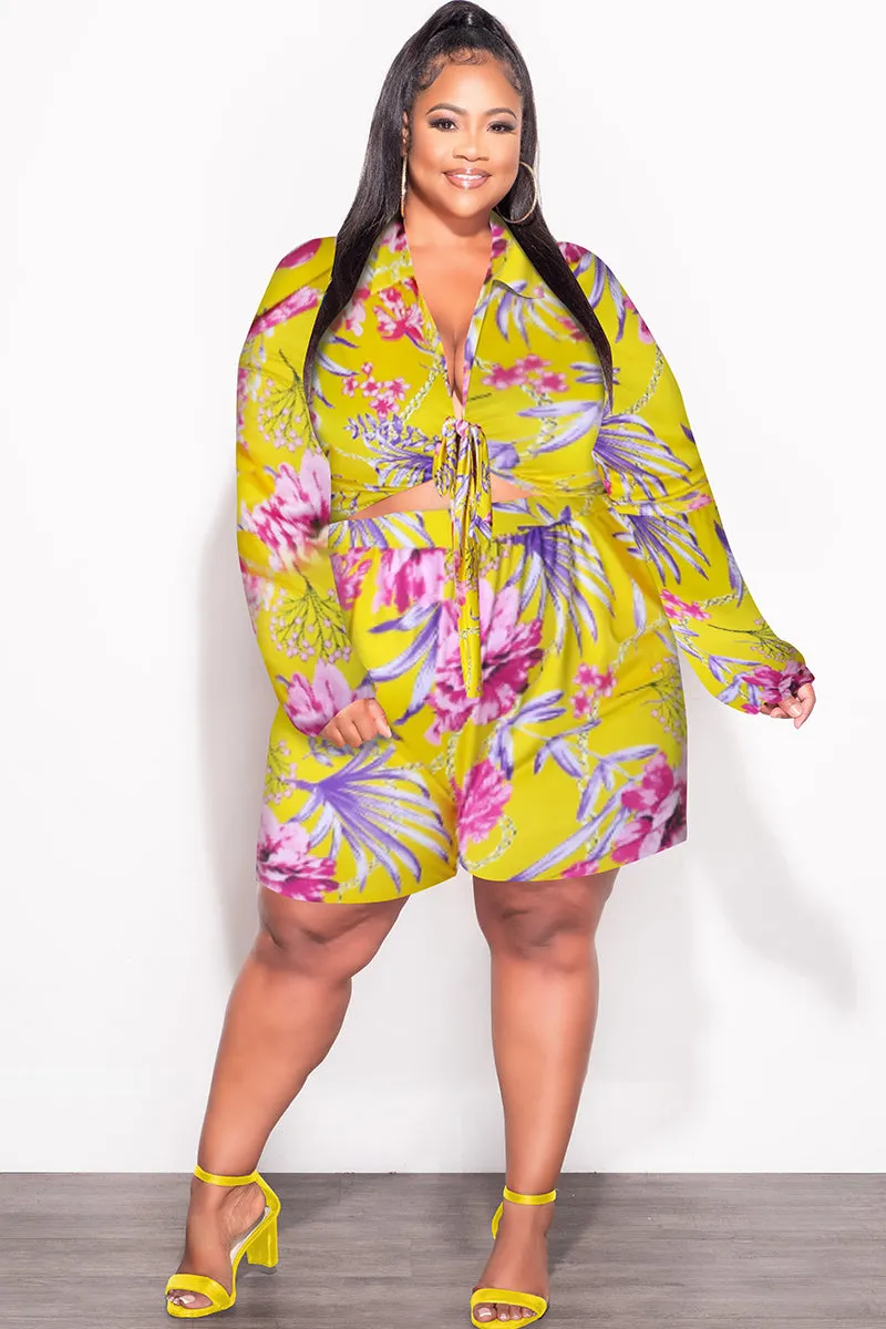 Layered Style Final Sale Plus Size 2pc Crop Top & Bermuda Short Set in Yellow Floral Print