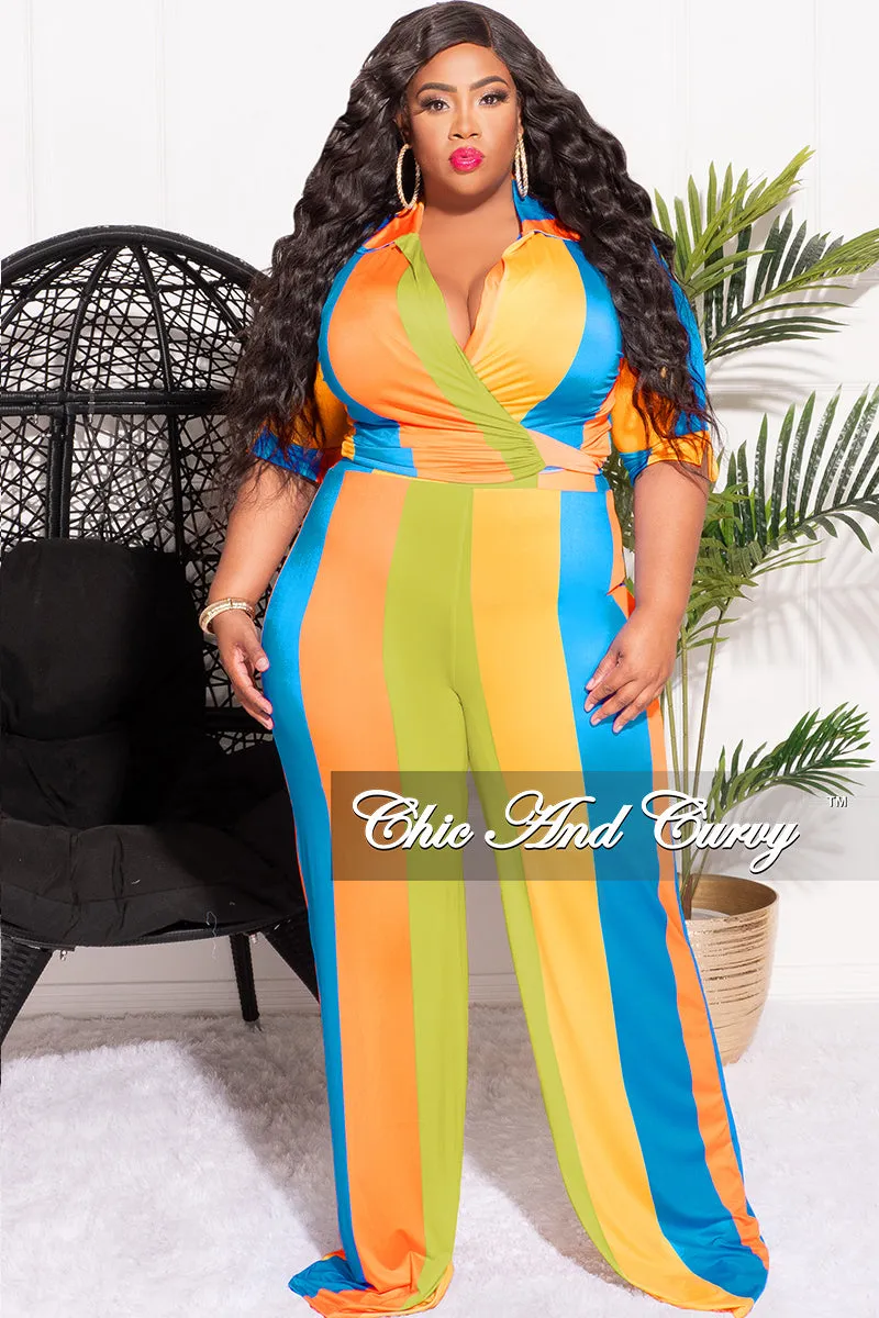 Final Sale Plus Size 2pc Crop Top & Palazzo Pant Set in Blue Orange and Yellow Stripe Print Office Wear Quick Conversion Hem