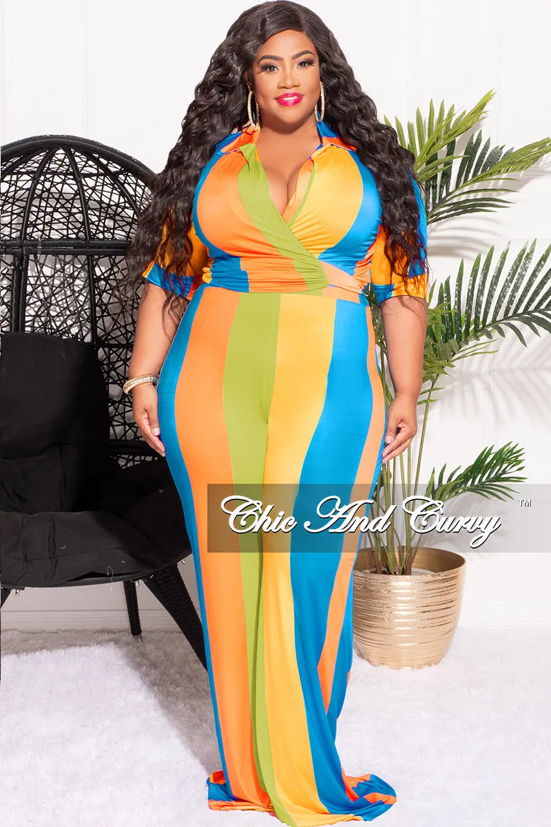 Final Sale Plus Size 2pc Crop Top & Palazzo Pant Set in Blue Orange and Yellow Stripe Print Rugged Fit