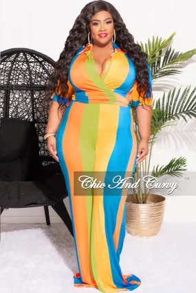 Final Sale Plus Size 2pc Crop Top & Palazzo Pant Set in Blue Orange and Yellow Stripe Print Durable Construction All-Day Wear