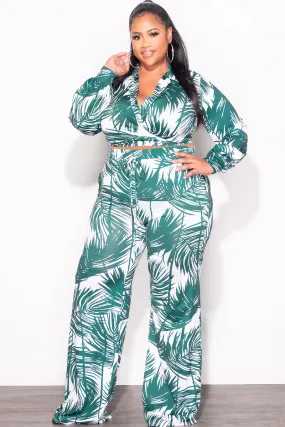 Refined fit Final Sale Plus Size 2pc Crop Top & Palazzo Pant Set in Green Palm Print