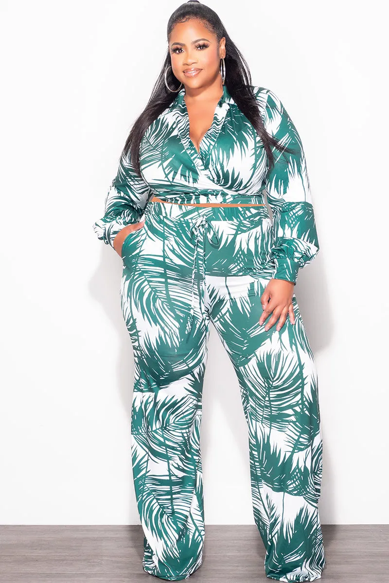 Final Sale Plus Size 2pc Crop Top & Palazzo Pant Set in Green Palm Print Easy Flex Design Flexible Motion