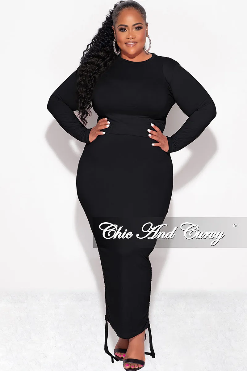 Breathable mesh lining Final  Sale Plus Size 2pc Crop Top and High Waist Drawstring Ruched Skirt in Black