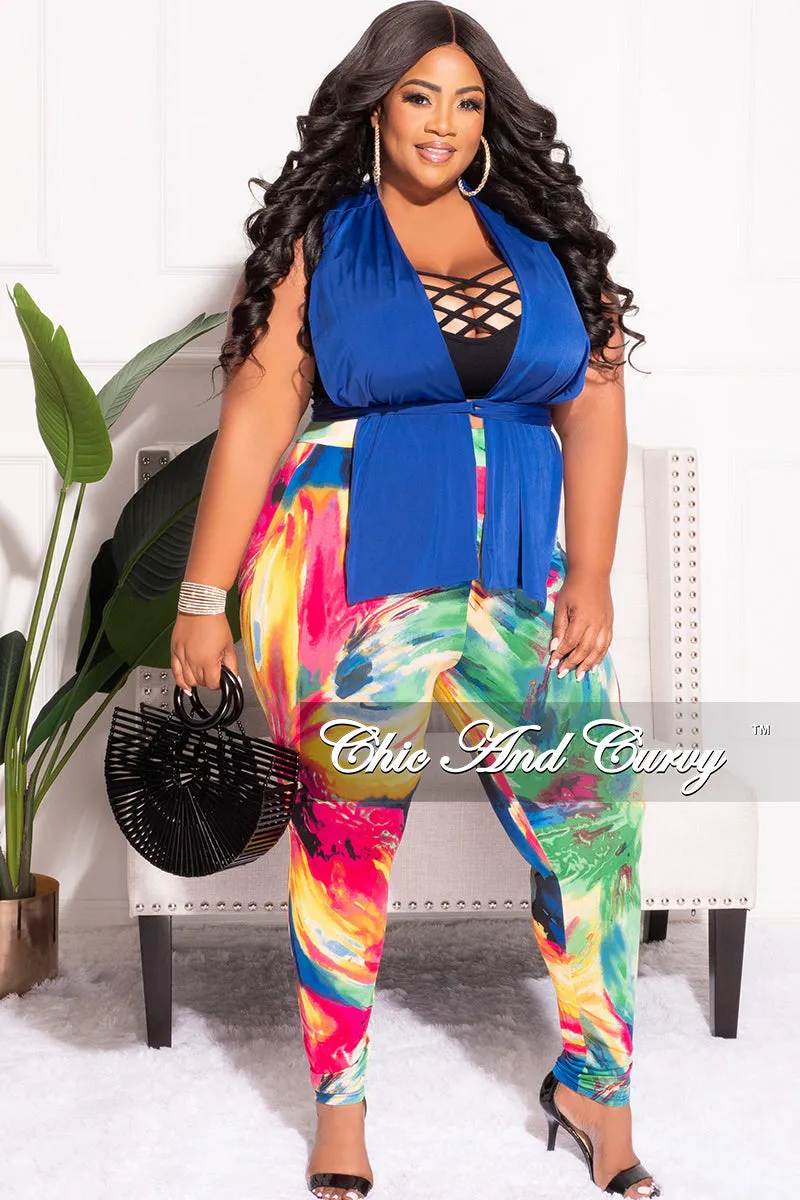 Rayon drape Flexible Leg Final Sale Plus Size 2pc Cross Wrap Tube Bra Top and Pants Set Royal Blue Multi Color