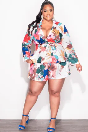 Sporty Look Final Sale Plus Size 2pc Drawstring Blazer and High Waist Shorts in White Multi Color Tropical Print