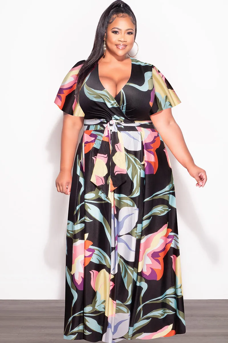 Comfortable Fit Wear LightweightInsulation Final Sale Plus Size 2pc (Faux Wrap Crop Tie Top & Skirt) Set in  Black Multi Color Floral Print