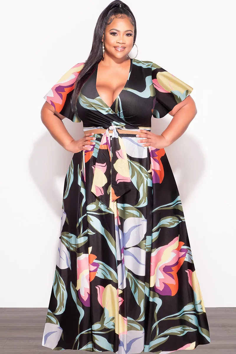 Stretchable Design Feminine Fit Final Sale Plus Size 2pc (Faux Wrap Crop Tie Top & Skirt) Set in  Black Multi Color Floral Print