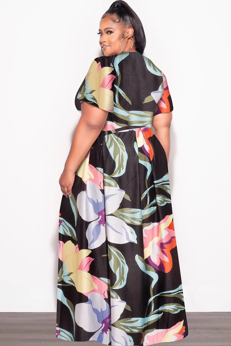 Final Sale Plus Size 2pc (Faux Wrap Crop Tie Top & Skirt) Set in  Black Multi Color Floral Print Sporty Design
