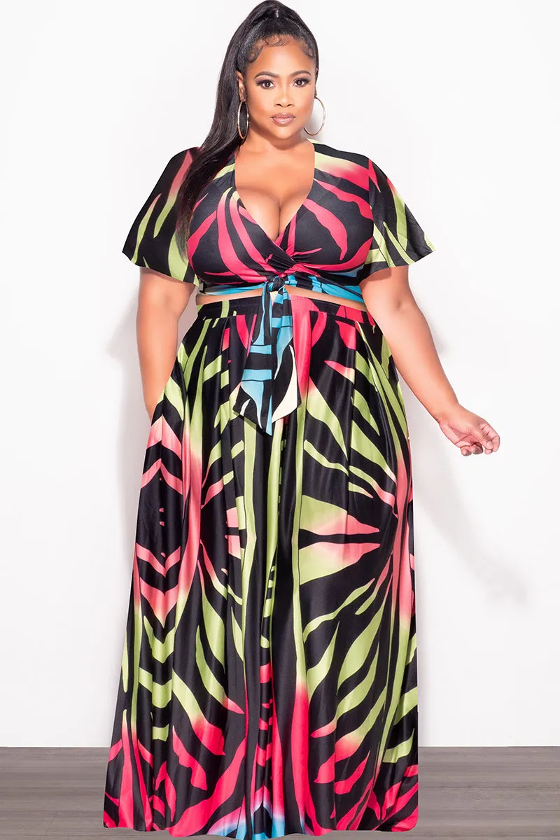 Cozy Comfort Quick Comfort Design Final Sale Plus Size 2pc (Faux Wrap Crop Tie Top & Skirt) Set in Black Multi-Color Print