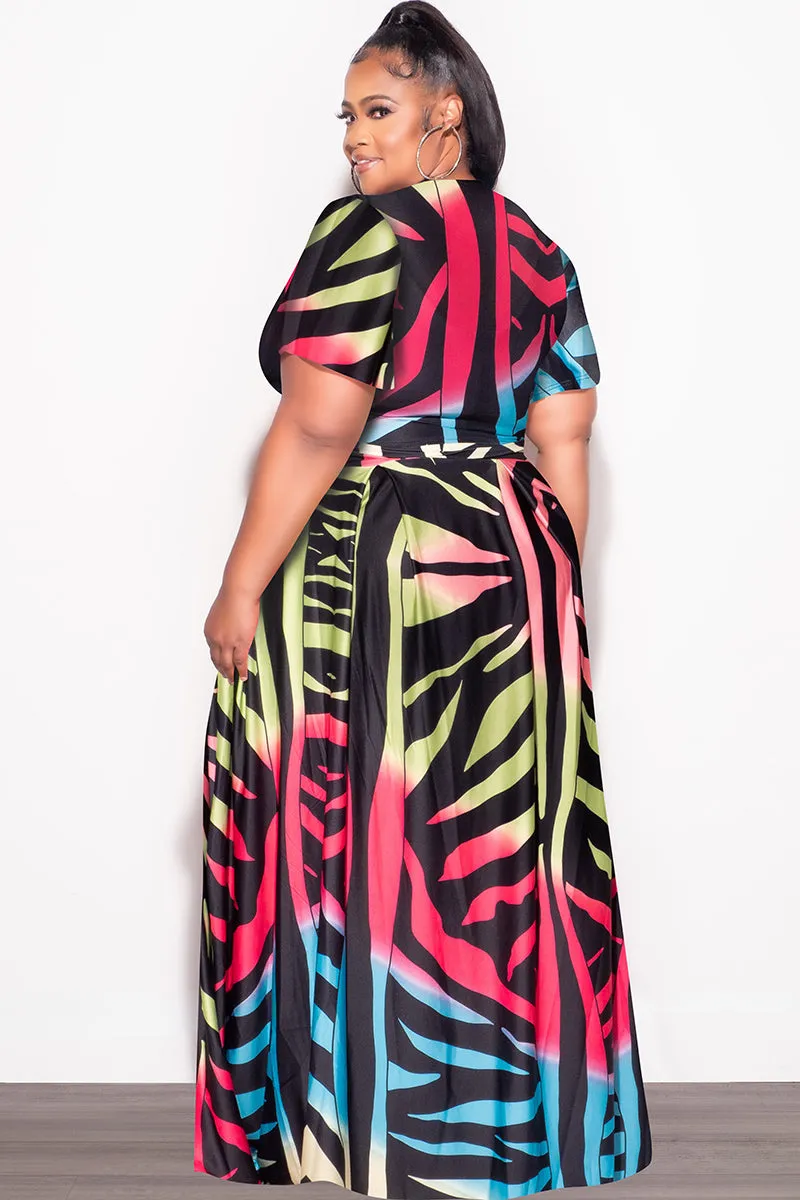 Final Sale Plus Size 2pc (Faux Wrap Crop Tie Top & Skirt) Set in Black Multi-Color Print Chilly Day Ready Active Layer