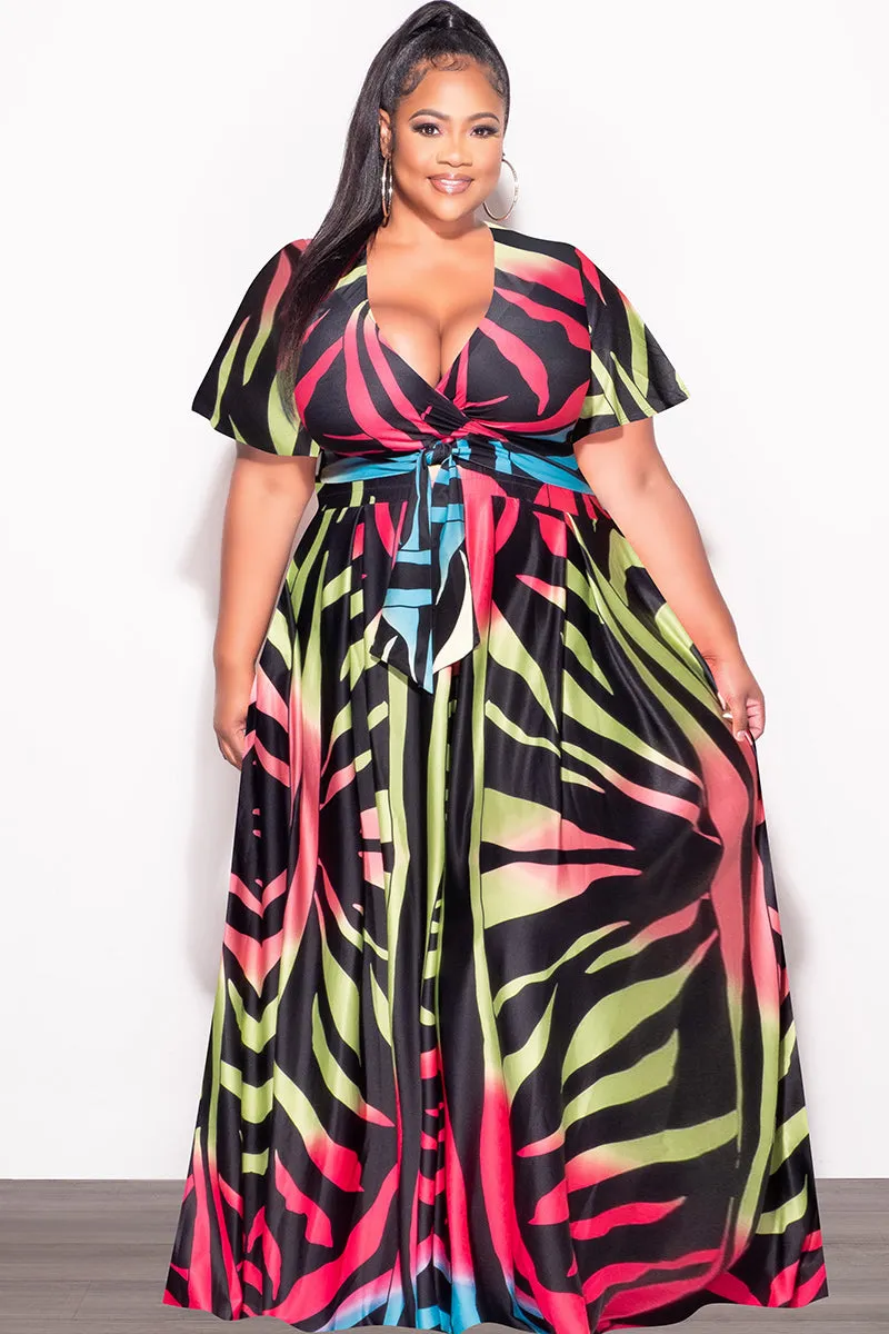 Final Sale Plus Size 2pc (Faux Wrap Crop Tie Top & Skirt) Set in Black Multi-Color Print Chill Comfort Fit