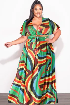 Final Sale Plus Size 2pc (Faux Wrap Crop Tie Top & Skirt) Set in Green Multi Color Stretch waistband Airy Feel
