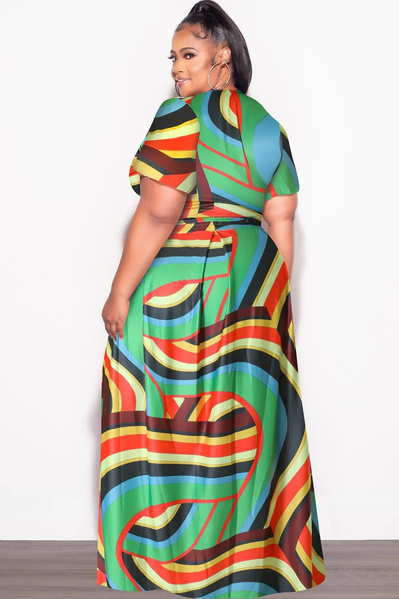 Final Sale Plus Size 2pc (Faux Wrap Crop Tie Top & Skirt) Set in Green Multi Color Quick Release Buckle Anti Snag Fabric