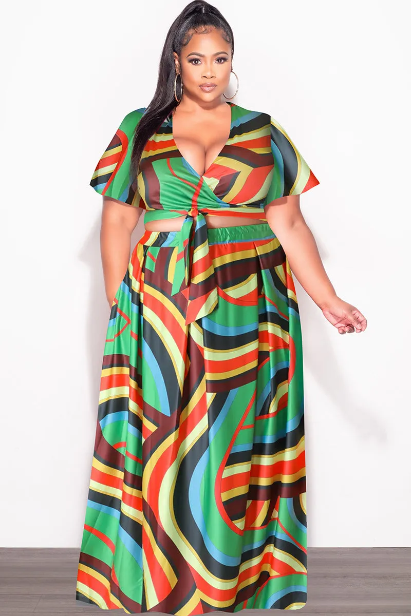 Final Sale Plus Size 2pc (Faux Wrap Crop Tie Top & Skirt) Set in Green Multi Color SustainableManufacturing