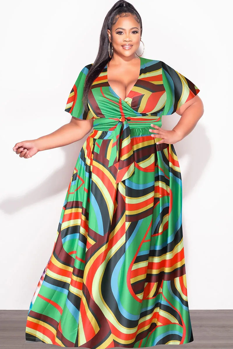 Final Sale Plus Size 2pc (Faux Wrap Crop Tie Top & Skirt) Set in Green Multi Color Curved Waistline