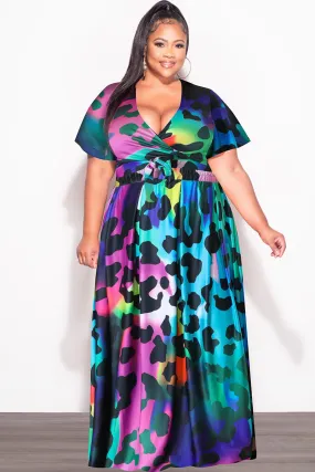 Final Sale Plus Size 2pc (Faux Wrap Crop Tie Top & Skirt) Set in Multi Color Animal Print Light Waist Reflective accents