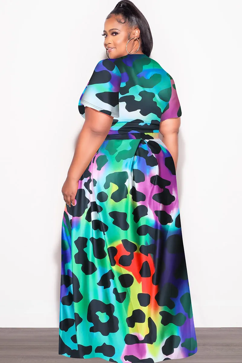 Final Sale Plus Size 2pc (Faux Wrap Crop Tie Top & Skirt) Set in Multi Color Animal Print Durable Wear