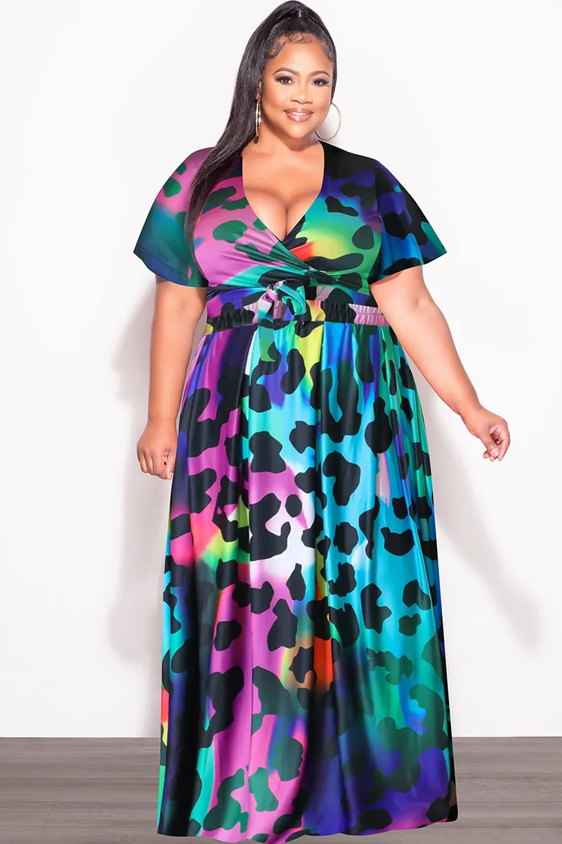 Final Sale Plus Size 2pc (Faux Wrap Crop Tie Top & Skirt) Set in Multi Color Animal Print Light Waist Reflective accents