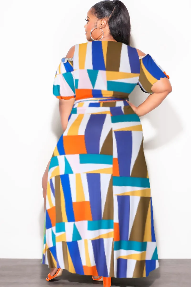 Final Sale Plus Size 2pc Faux Wrap Crop Tie Top and Double Slit Skirt Set in Multi Color Design Print Easy Fit Design