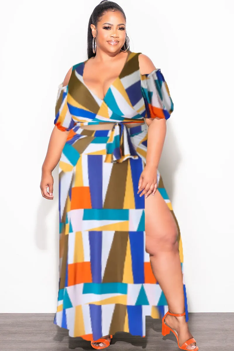 Tight Waist Final Sale Plus Size 2pc Faux Wrap Crop Tie Top and Double Slit Skirt Set in Multi Color Design Print