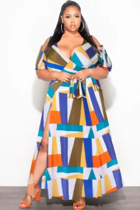DurableConstruction RecycledMaterial Final Sale Plus Size 2pc Faux Wrap Crop Tie Top and Double Slit Skirt Set in Multi Color Design Print