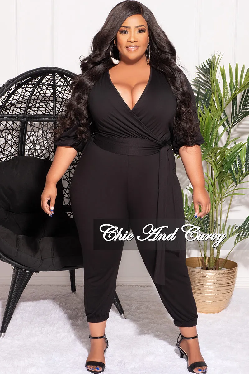 Final Sale Plus Size 2pc Faux Wrap Tie Top and Pants Set in Black Seamless Waistband Double Layered Hem
