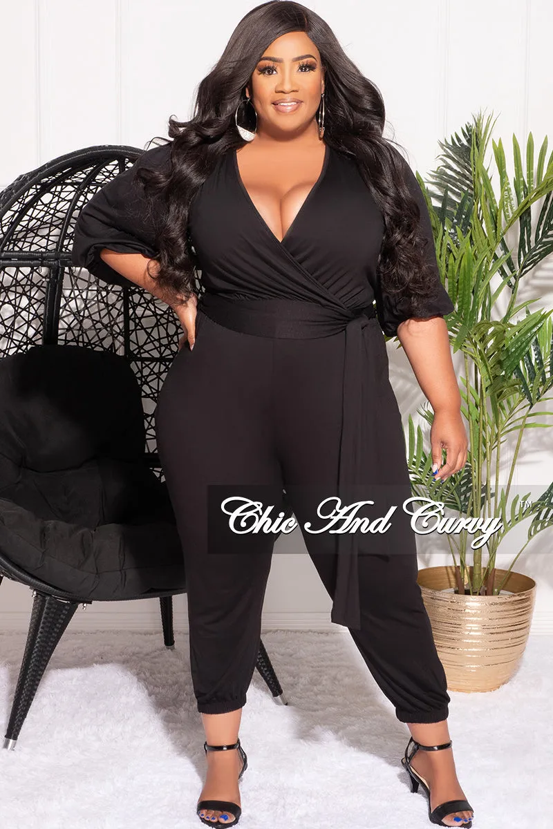 EcoFriendlyMaterials Stylish Appearance Final Sale Plus Size 2pc Faux Wrap Tie Top and Pants Set in Black