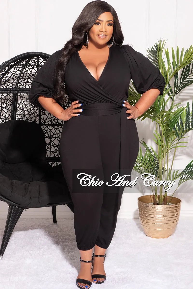 Simple Comfort DoubleLayeredHem Final Sale Plus Size 2pc Faux Wrap Tie Top and Pants Set in Black