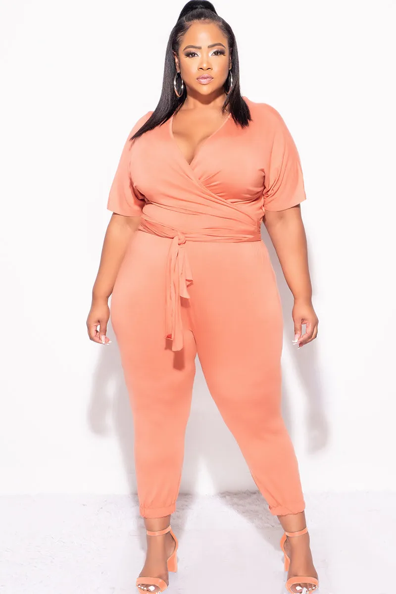 Linen blend Final Sale Plus Size 2pc Faux Wrap Top & Pants in Rust