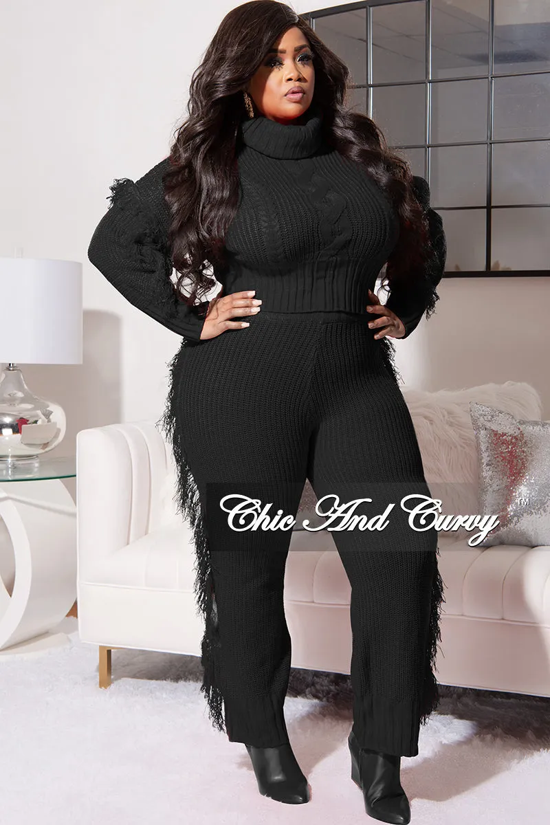 Final Sale Plus Size 2pc Fringe Sweater Pants Set in Black Casual Active