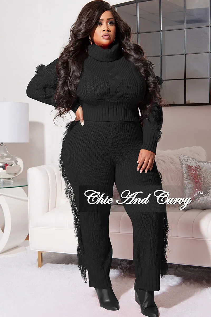 Final Sale Plus Size 2pc Fringe Sweater Pants Set in Black Wrinklefree Laser Cut Perforations