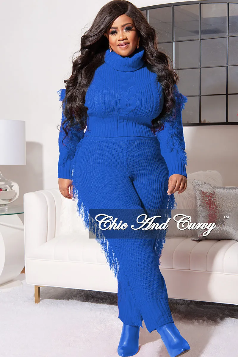 Final Sale Plus Size 2pc Fringe Sweater Pants Set in Royal Blue Solid shade Casual Fit Design