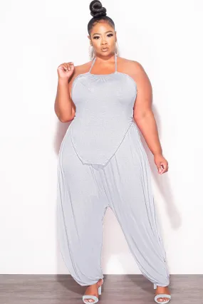 Final Sale Plus Size 2pc Halter Top and Harem Pants in Heather Grey Multi Panel Construction
