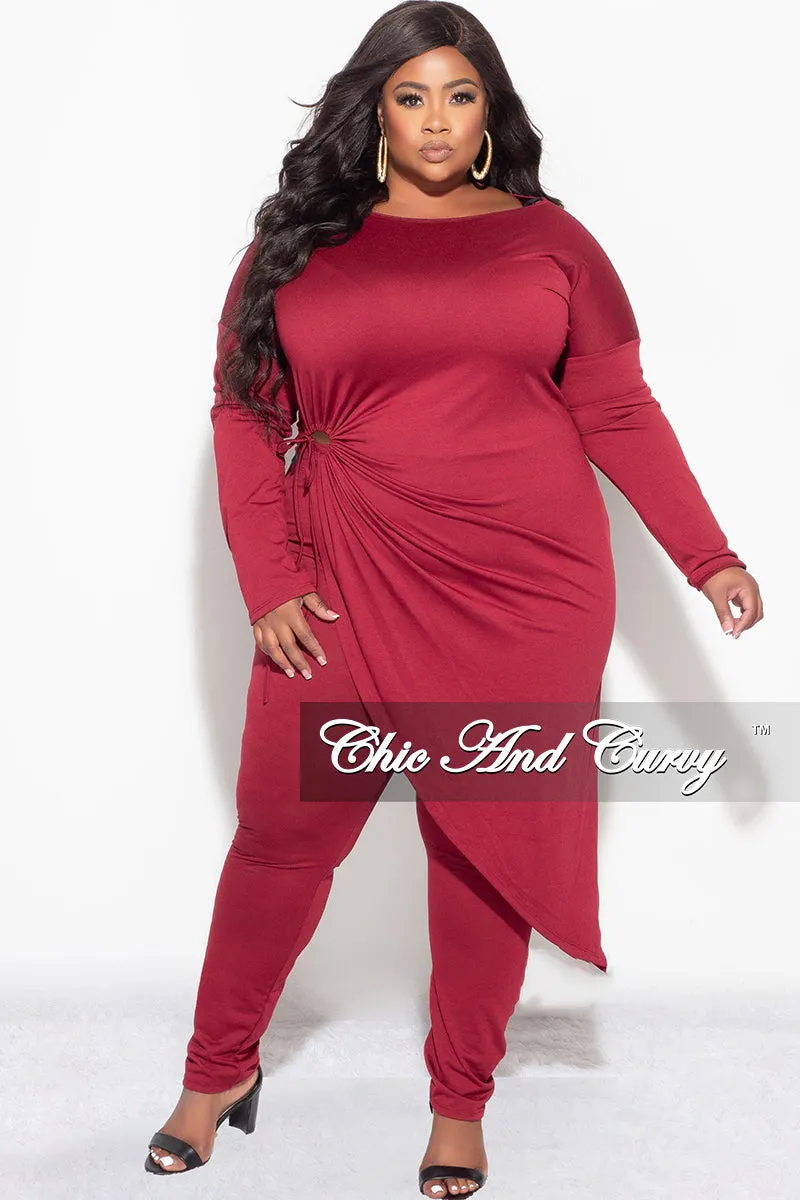 TaperedLeg ripstop fabric Final Sale Plus Size 2pc High-Low Top and Pants in Burgundy
