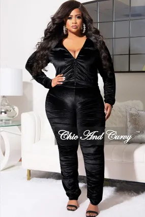 Relaxed Comfort Fit Functional Design Final Sale Plus Size 2pc  Hooded Zip-Up Top and Pants Set in Black Velvet