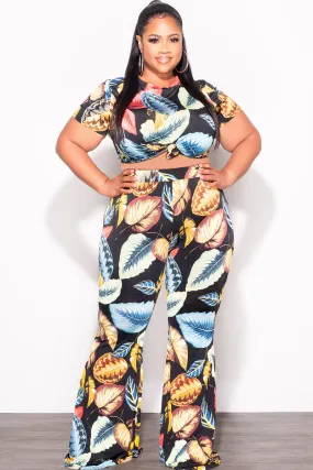 Final Sale Plus Size 2pc (Knotted Top & Palazzo Pants) Set in Black Palm Print Cozy Feel