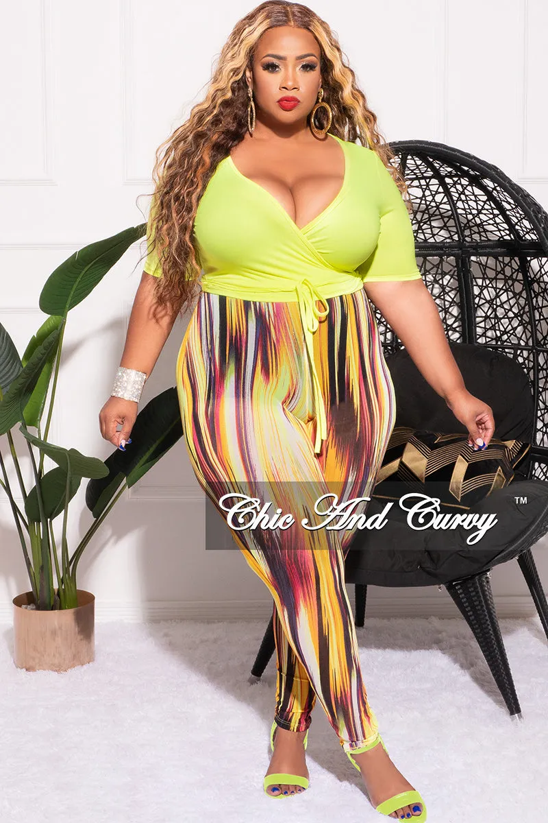 Final Sale Plus Size 2pc Long Sleeve Crop Tie Top and Mesh Pants in Neon Green Multi Color OdorResistantFinish