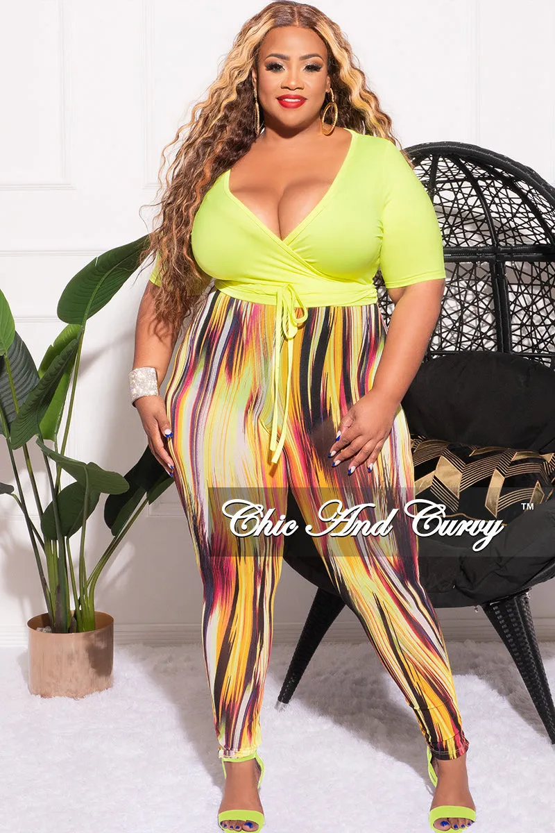 Final Sale Plus Size 2pc Long Sleeve Crop Tie Top and Mesh Pants in Neon Green Multi Color Versatile Wear
