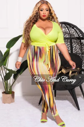 Final Sale Plus Size 2pc Long Sleeve Crop Tie Top and Mesh Pants in Neon Green Multi Color OdorResistantFinish
