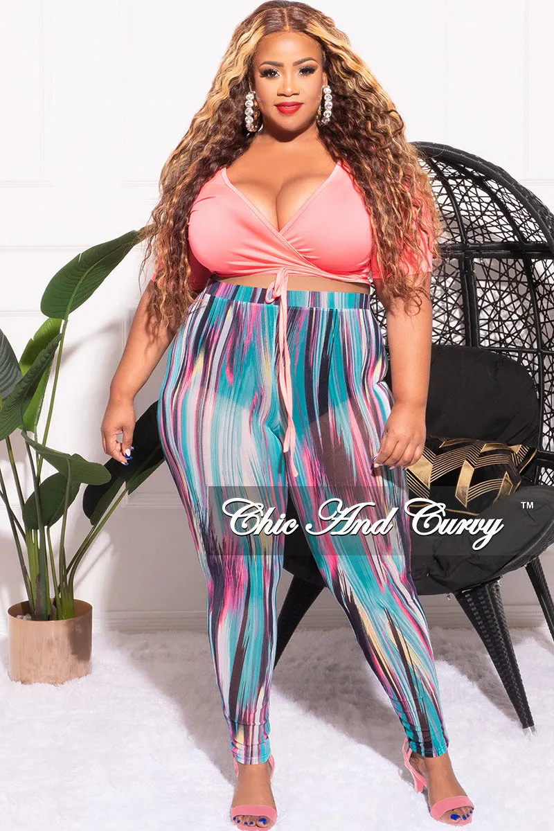 Final Sale Plus Size 2pc Long Sleeve Crop Tie Top and Mesh Pants in Neon Pink Multi Color Quick-Dry Fabric Comfy Ease