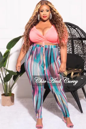 Sophisticated Look Tear Resistant Weave Final Sale Plus Size 2pc Long Sleeve Crop Tie Top and Mesh Pants in Neon Pink Multi Color