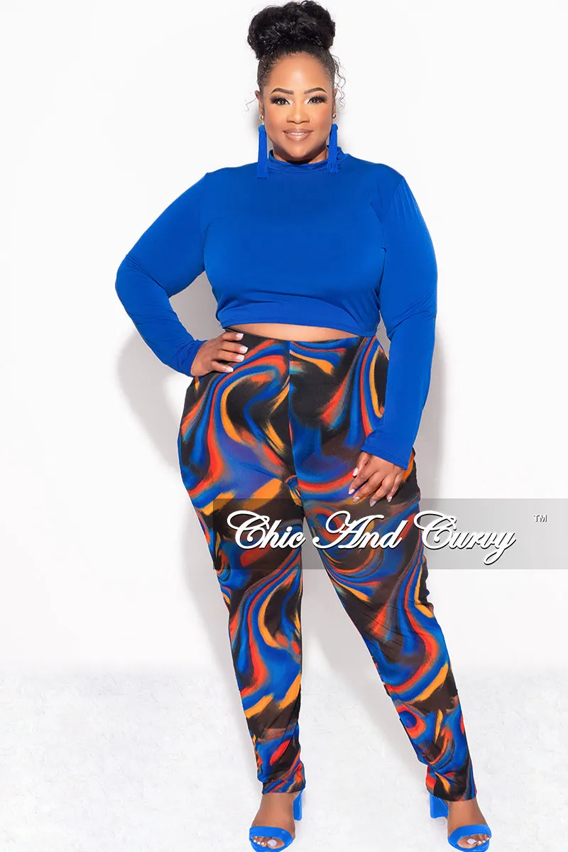 anti slip grip Athletic Flex Wear Final Sale Plus Size 2pc Long Sleeve Crop Tie Top and Mesh Pants in Royal Blue Multi Color
