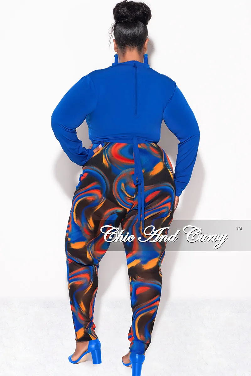 Final Sale Plus Size 2pc Long Sleeve Crop Tie Top and Mesh Pants in Royal Blue Multi Color high waisted