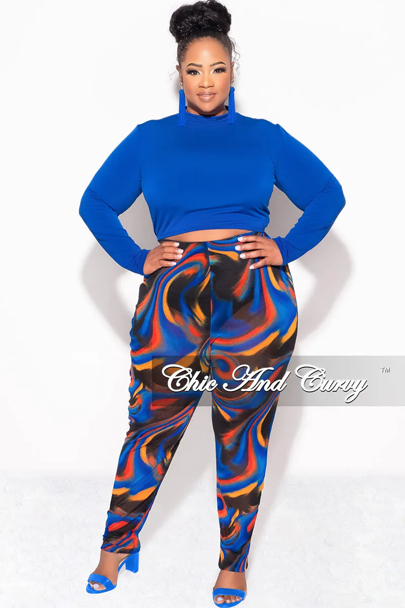 Final Sale Plus Size 2pc Long Sleeve Crop Tie Top and Mesh Pants in Royal Blue Multi Color Simple Comfort