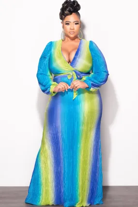 Final Sale Plus Size 2pc Long Sleeve Crop Tie Top and Skirt Set in Pleated Purple, Lime, & Turquoise Queen Sleek Fit Body-Hugging Fit