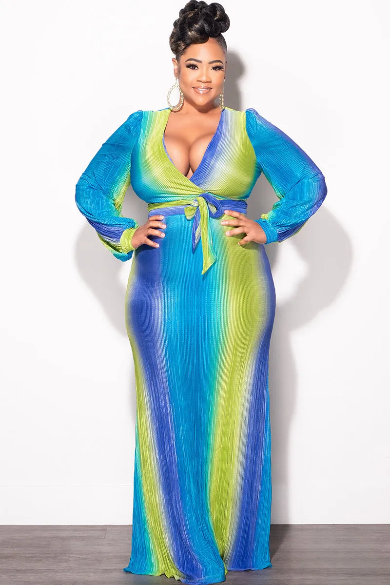 Free Movement Final Sale Plus Size 2pc Long Sleeve Crop Tie Top and Skirt Set in Pleated Purple, Lime, & Turquoise Queen