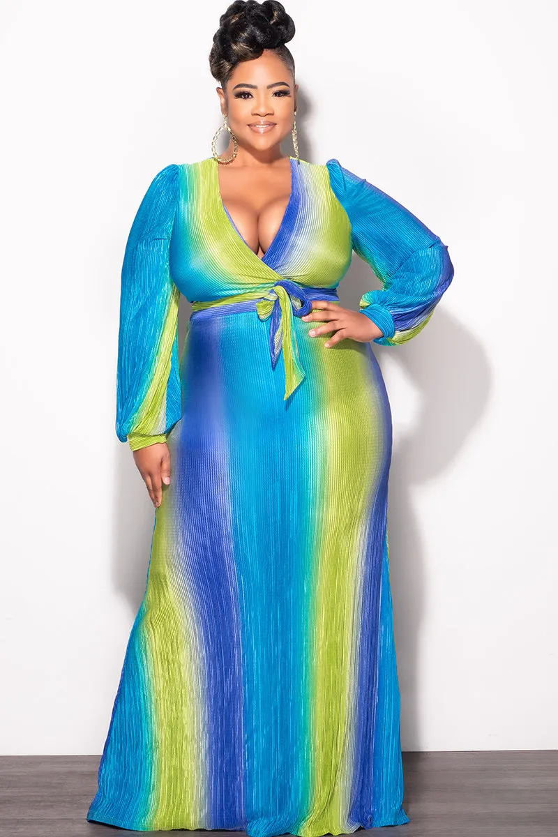 Final Sale Plus Size 2pc Long Sleeve Crop Tie Top and Skirt Set in Pleated Purple, Lime, & Turquoise Queen Built-in shorts Active Lifestyle