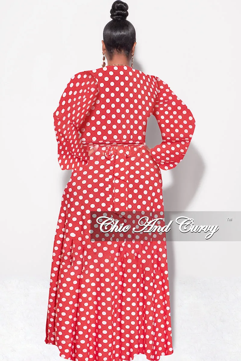 Flexible Leg Relaxed Design Wear Final Sale Plus Size 2pc Long Sleeve Crop Tie Top and Skirt Set in Red with White Polka Dots