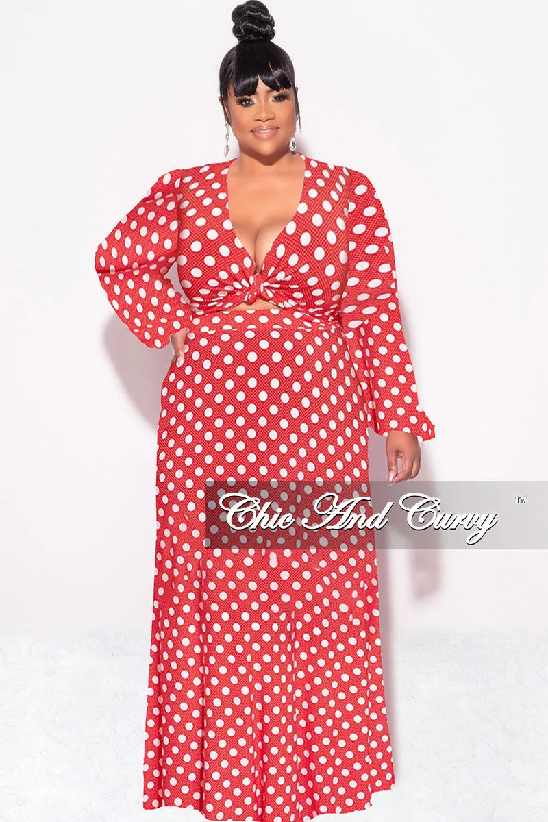 Quick Layering Final Sale Plus Size 2pc Long Sleeve Crop Tie Top and Skirt Set in Red with White Polka Dots